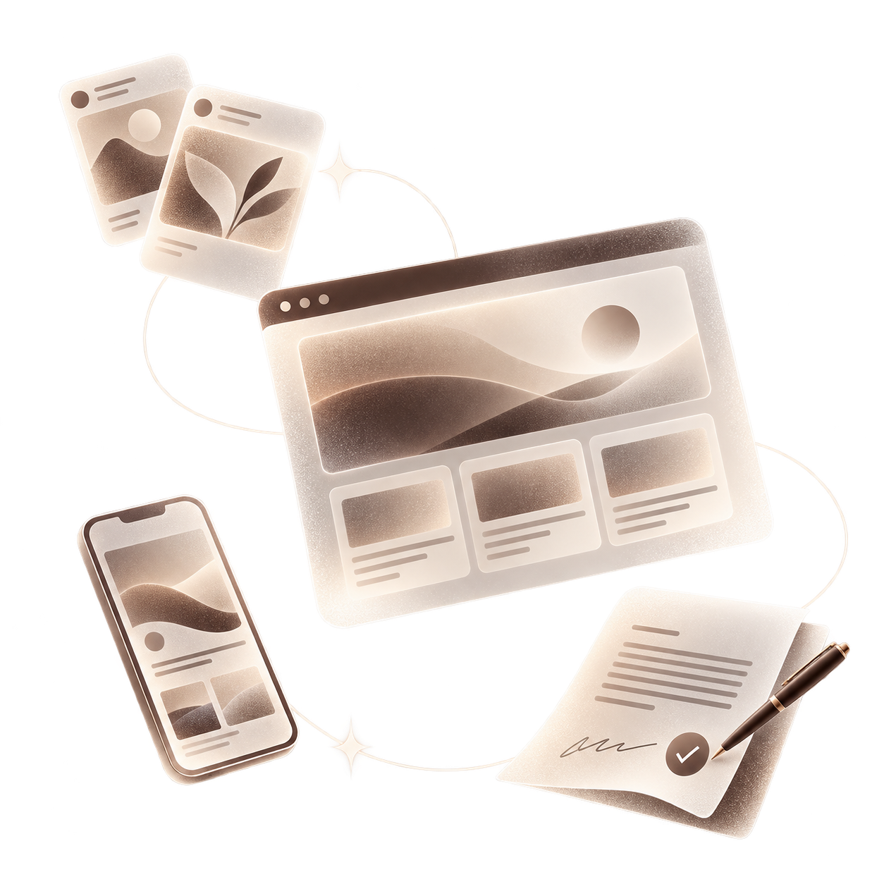 透明咖啡色網站視窗、貼文、手機與簽約文件，呈現內容到合作的路徑